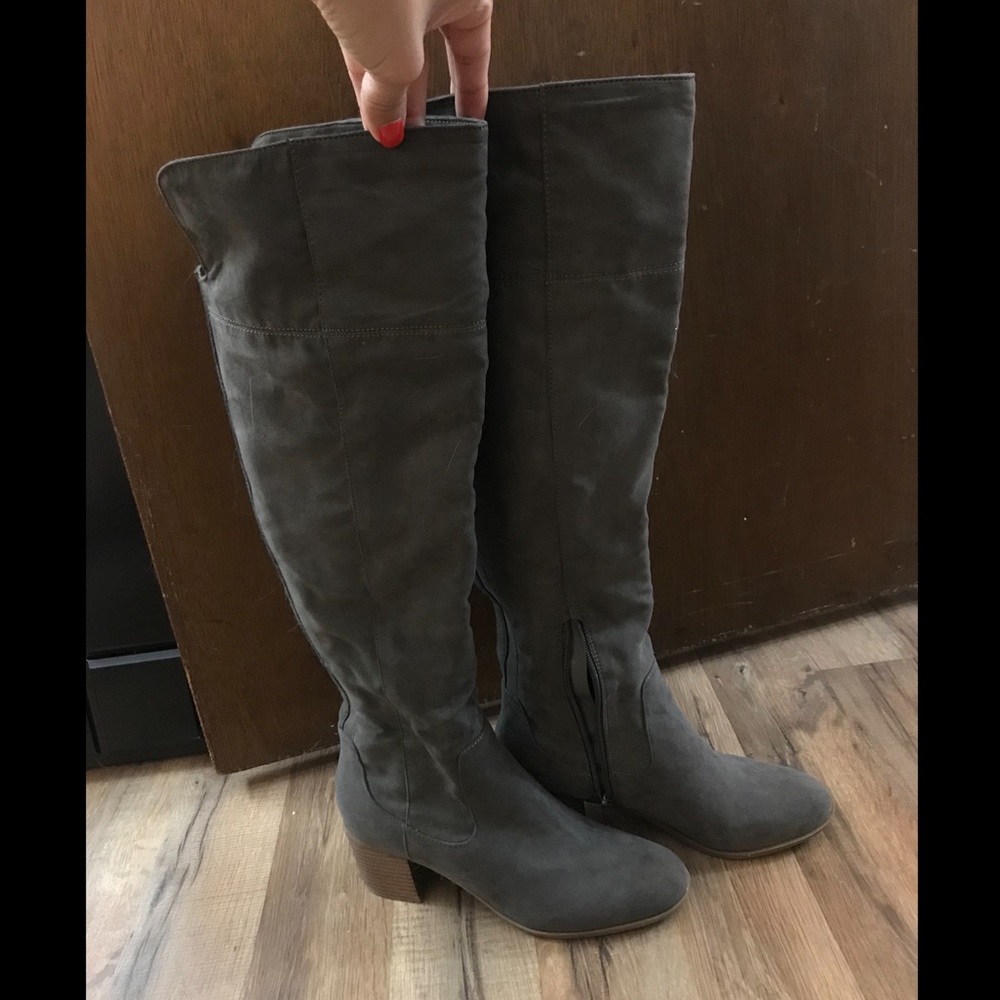 Grey suede over the knee boots